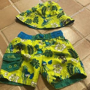 UVSkins lime green and Blue Tropical Shorts & matching hat